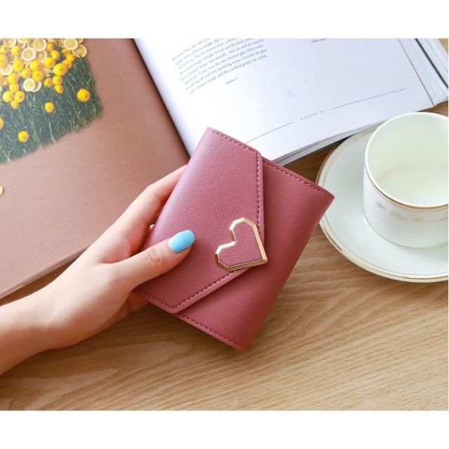 Ví ngắn cầm tay nữ khoá trái tim, ví nữ mini nhỏ gọn tiện dụng