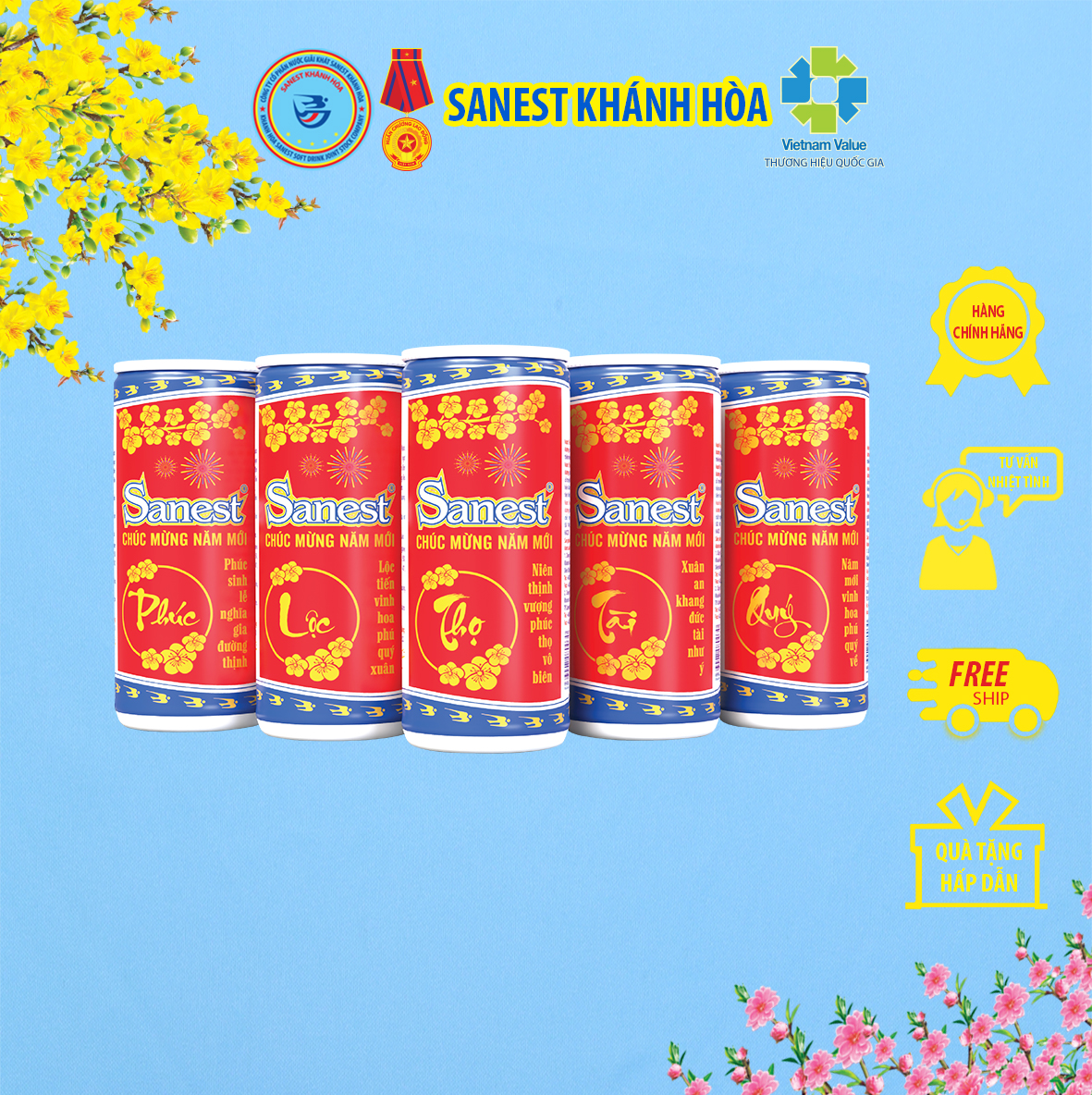 Hộp 6 lon Nước Yến sào Khánh Hòa Sanest Xuân đóng lon 190ml - Sản phẩm sử dụng đường dành cho người ăn kiêng