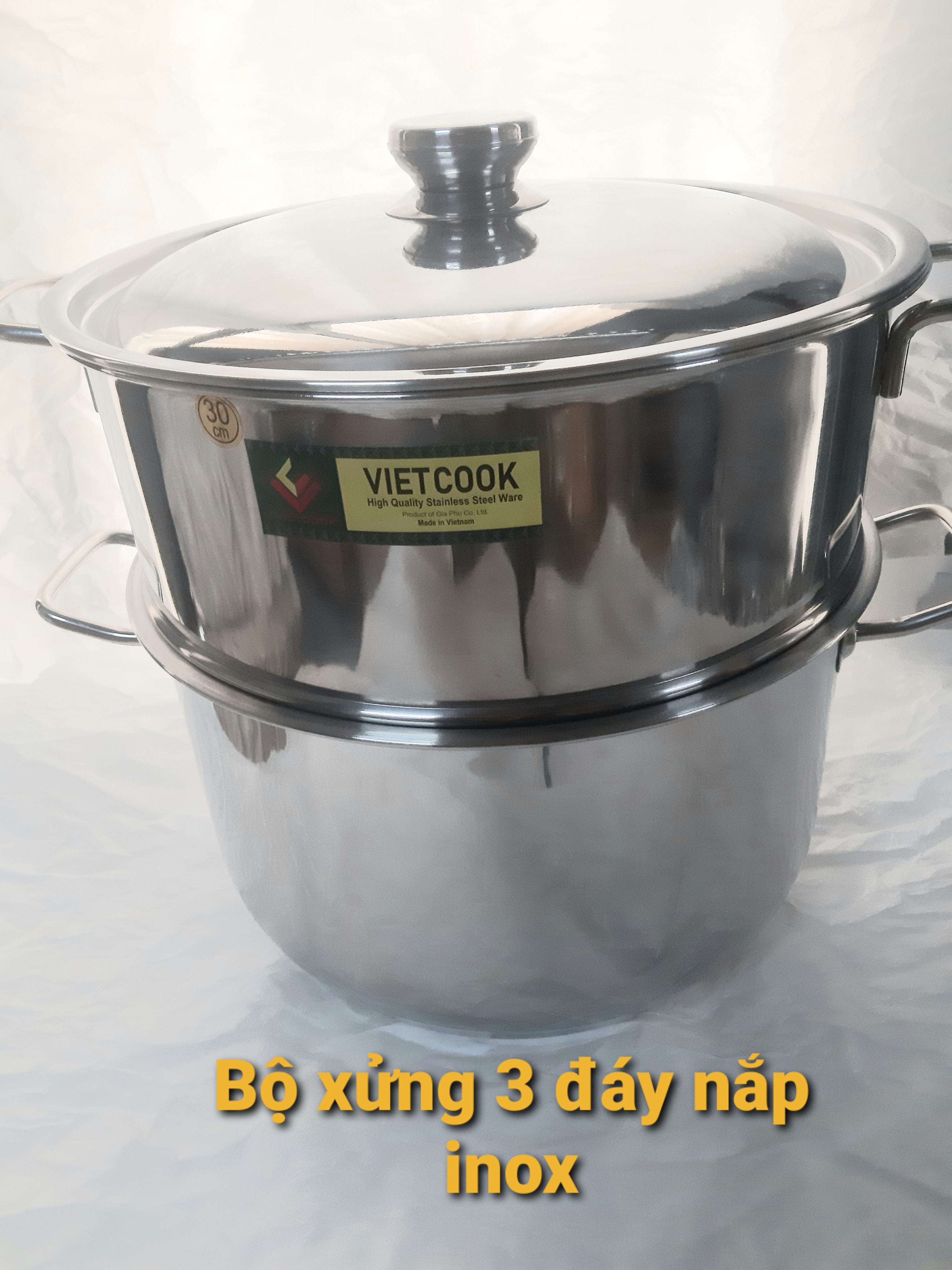 Bộ nồi xửng hấp inox ,xửng hấp inox 2 tầng 3 đáy nắp kính,nắp inox VietCook đun bếp từ size 28 kêt hợp chõ hấp xôi