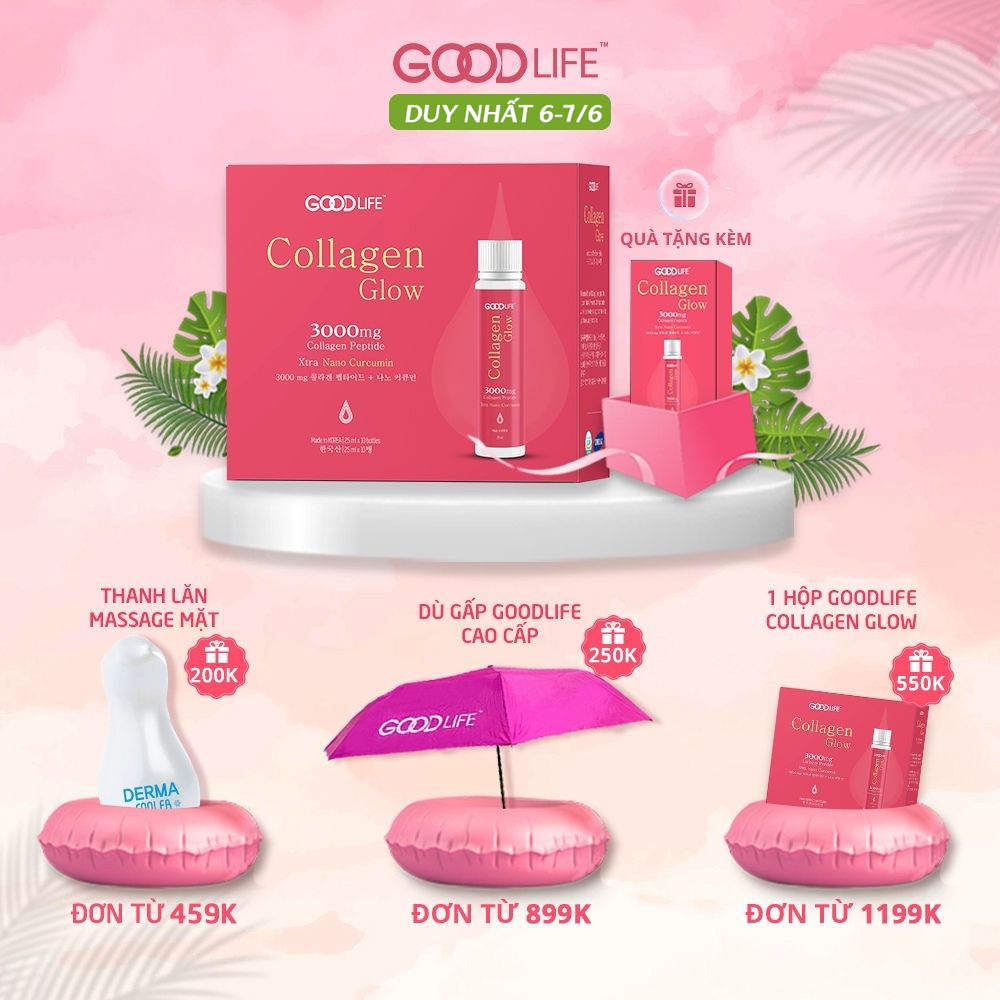 Hộp 10 ống nước uống Goodlife Collagen Glow 3000mg - kết hợp độc đáo Nano Curcumin (tinh bột nghệ) và Vitamin C