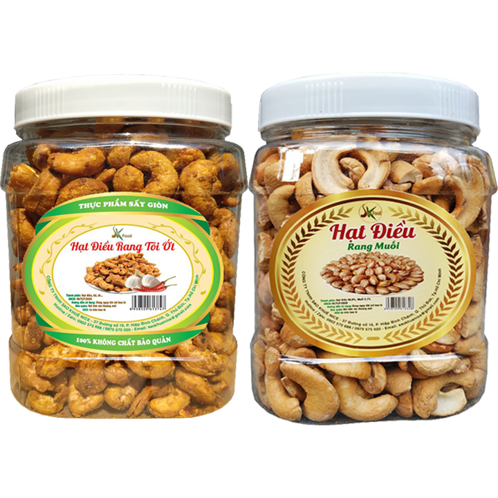 Combo 2 hũ: 500G HẠT ĐIỀU RANG TỎI ỚT+500G HẠT ĐIỀU BỂ RANG MUỐI HIỆU SK FOOD
