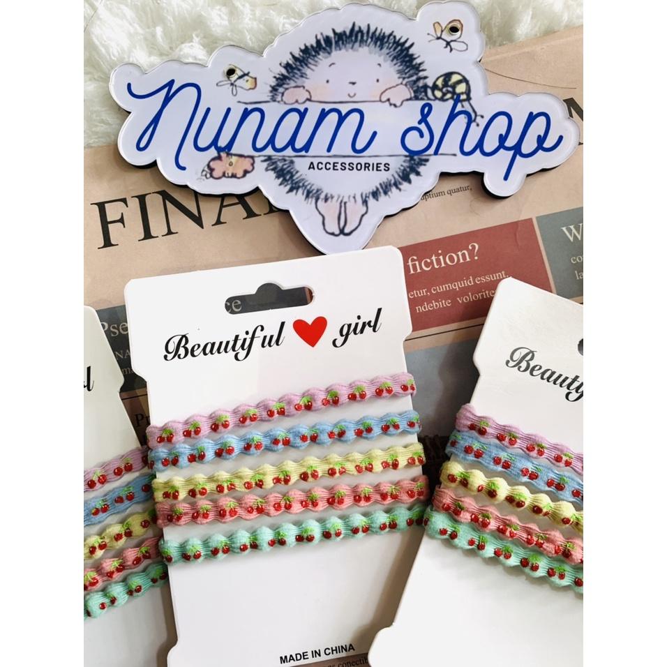 Set 5 - Thun buộc tóc gợn sóng thêu quả cherry đủ màu siêu bền - Nunam shop
