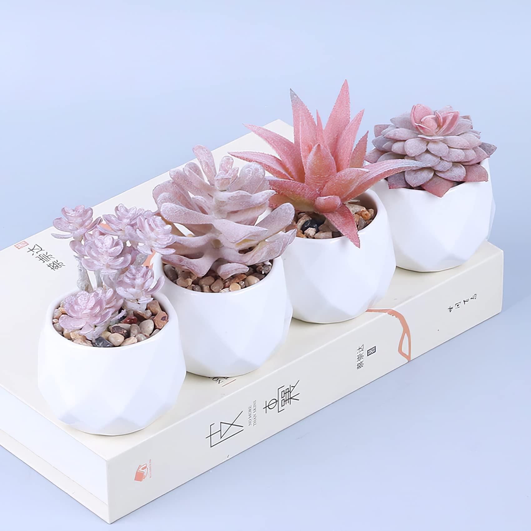 4 CÁI Cây mọng nước nhân tạo, Chậu cây giả mini có chậu trắng, Cây xanh giả trang trí bàn, nhà, văn phòng, trang trí ban công