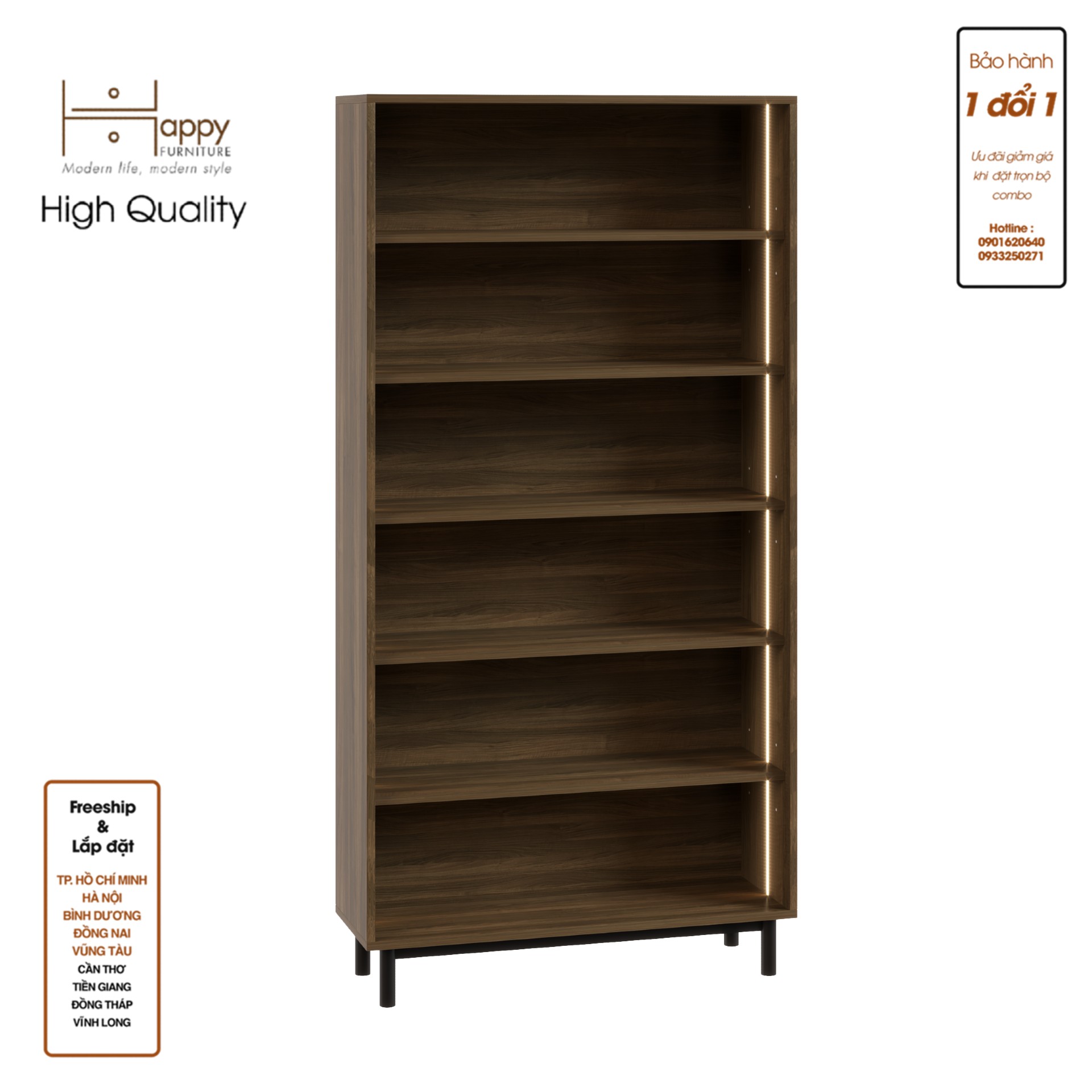 CATY , Kệ sách 6 tầng tích hợp đèn LED - chân sắt , 90cm x 30cm x 180cm , KSA_015_LED