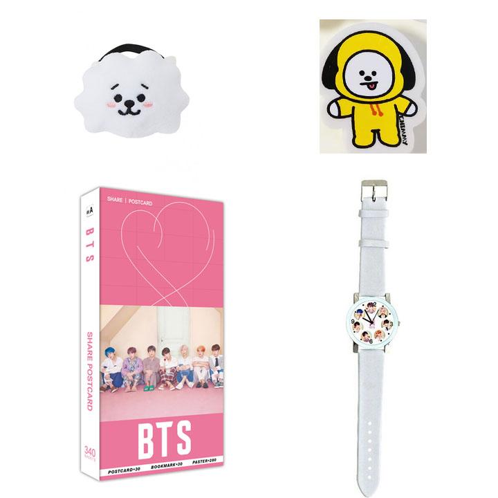 Combo 4 món đồ BTS gồm postcard dây buộc tóc tẩy BTS chibi đồng hồ đeo tay