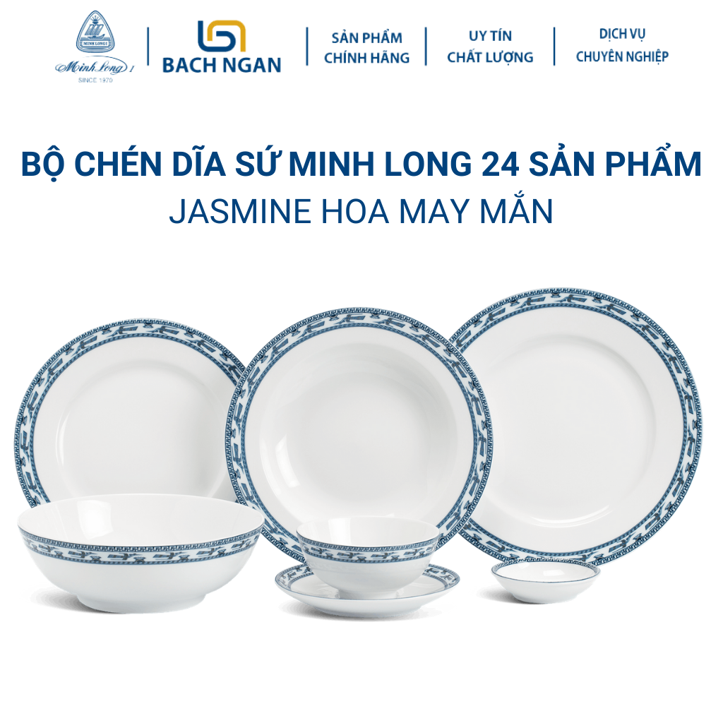 Bộ chén dĩa sứ Minh Long 24 sản phẩm JASMINE Chim Lạc dùng cho gia đình, sứ đẹp cao cấp dùng đãi khách, tặng quà tết