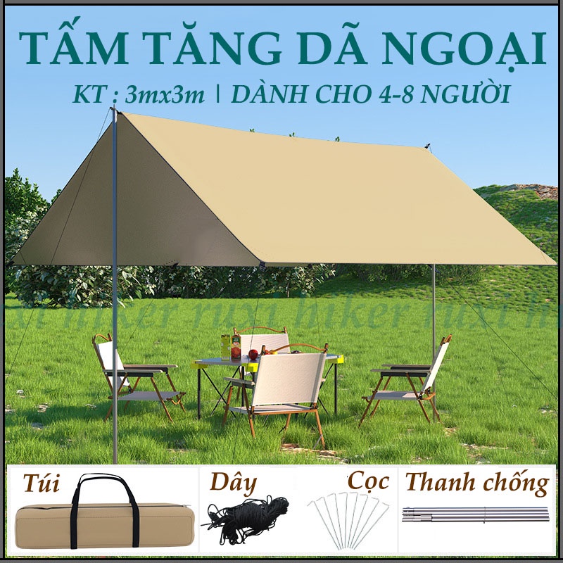 Tấm Tank Bạt Che Lều Tăng Lều Che Nắng Bạt Lót Cắm Trại Dày Kích Thước 3mx3m Có Combo Cây Chống Kèm Dây Với Túi Đựng