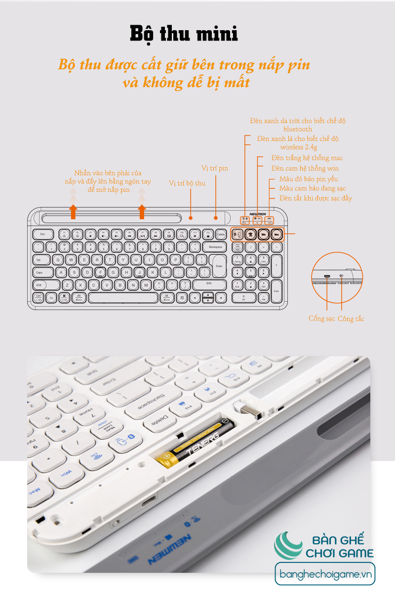 Bàn phím không dây Newmen K10 Dual Mode Bluetooth/ Wireless (Đen/ Trắng) - Hàng chính hãng