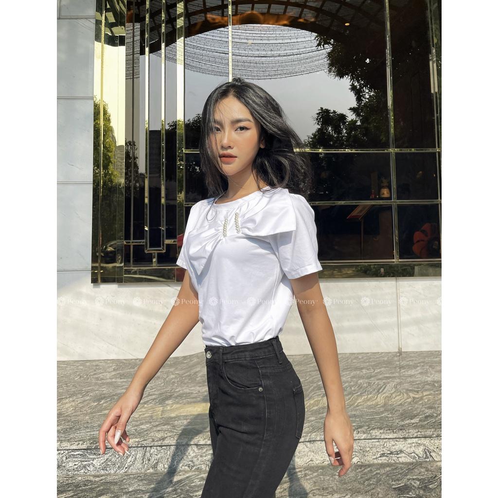 Áo thun kiểu nơ lụa thêu trai trẻ trung, nữ tính, trendy, dáng rộng - Peony