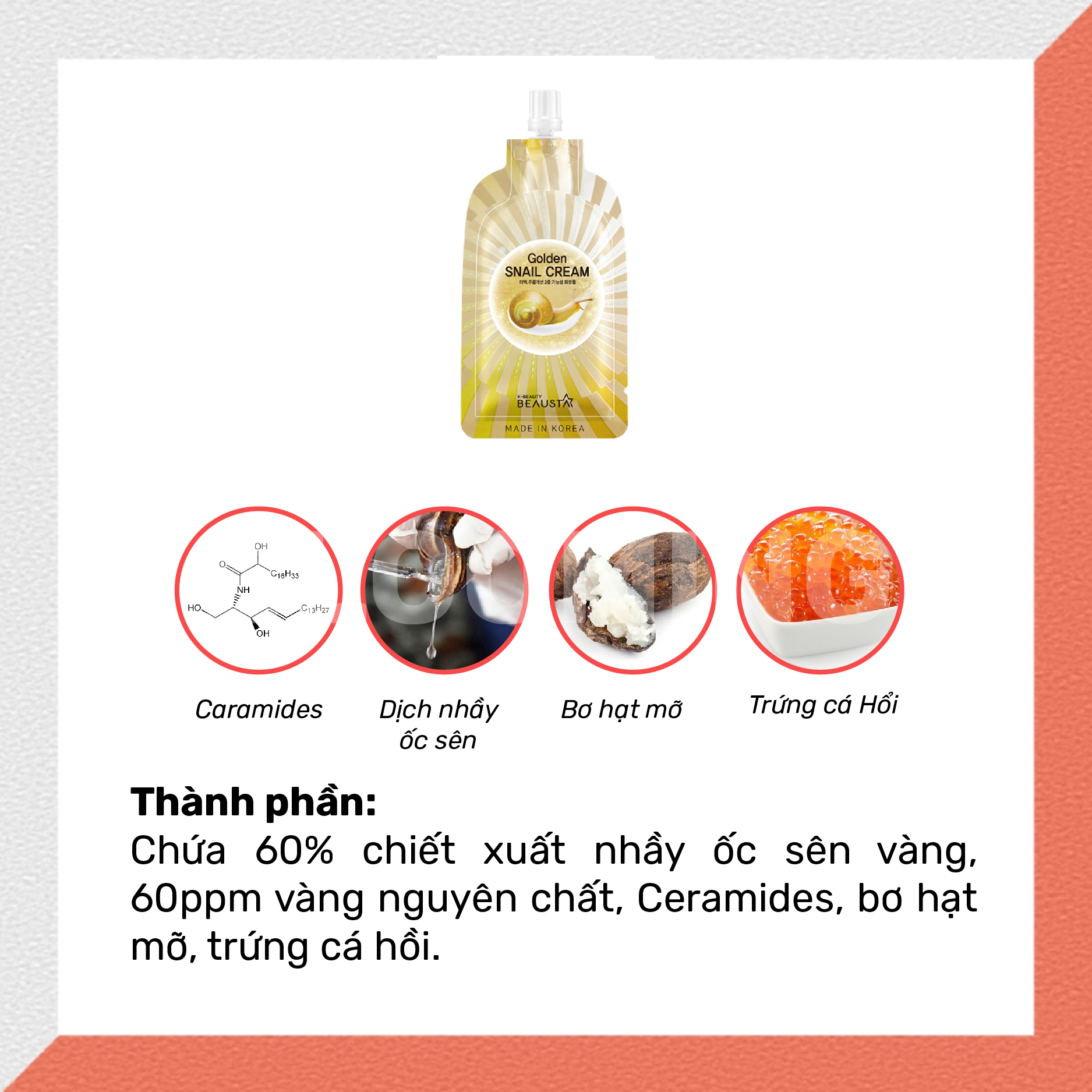 Kem dưỡng ẩm ngừa vết nhăn, chiết xuất dịch nhầy ốc sên Beausta Golden Snail Cream15ml