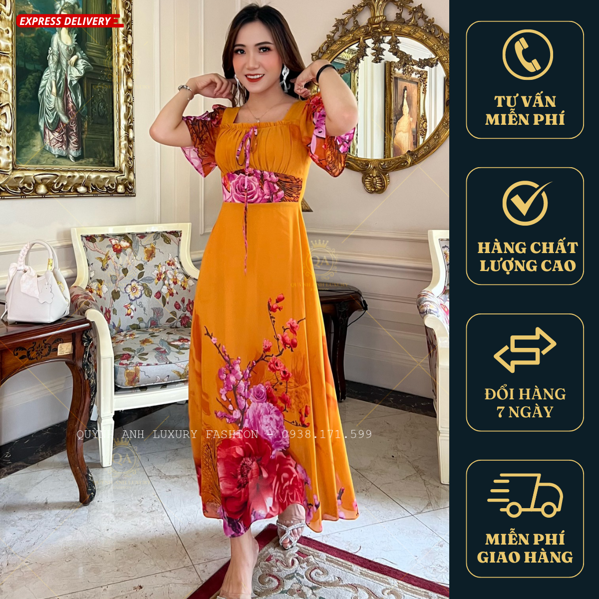 Đầm Xoè Hoa 3D Vàng Cổ Vuông Dập Ly Tay Loe Voan Cao Cấp Sandra Dress