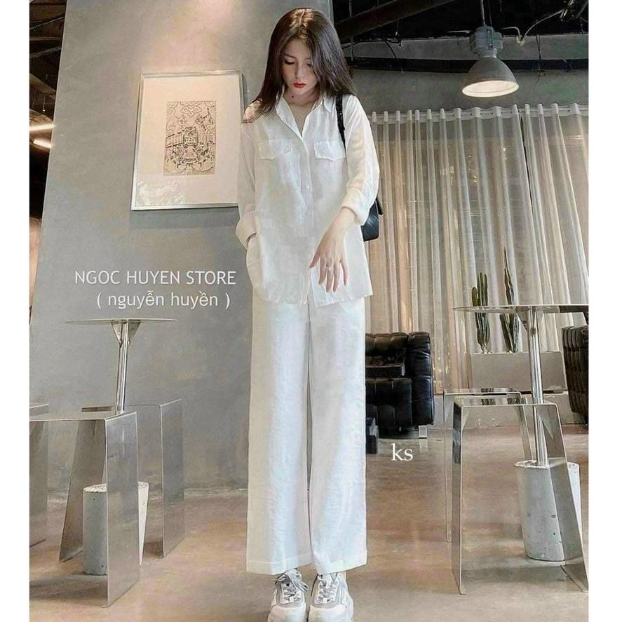 Set đồ jumsuit nữ, bộ quần suông ống rộng kèm áo sơ mi