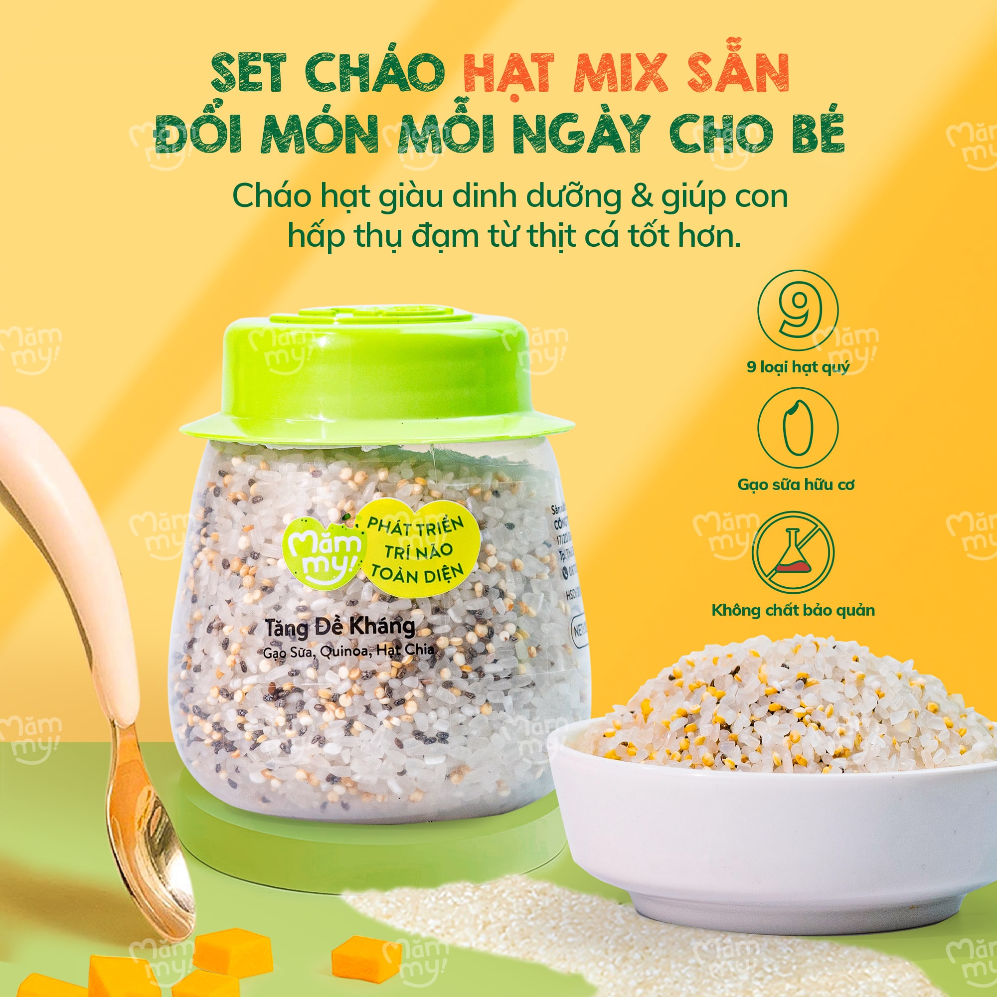 Hạt mix Mămmy cho bé ăn dặm tăng đề kháng trên 6 tháng gạo sữa, quinoa Diêm mạch và hạt chia, hũ 130g