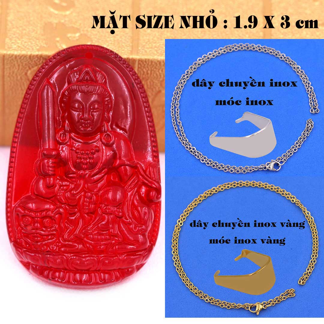 Mặt Phật Văn thù pha lê đỏ 1.9cm x 3cm  kèm vòng cổ dây chuyền inox vàng + móc inox vàng, Phật bản mệnh, mặt dây chuyền