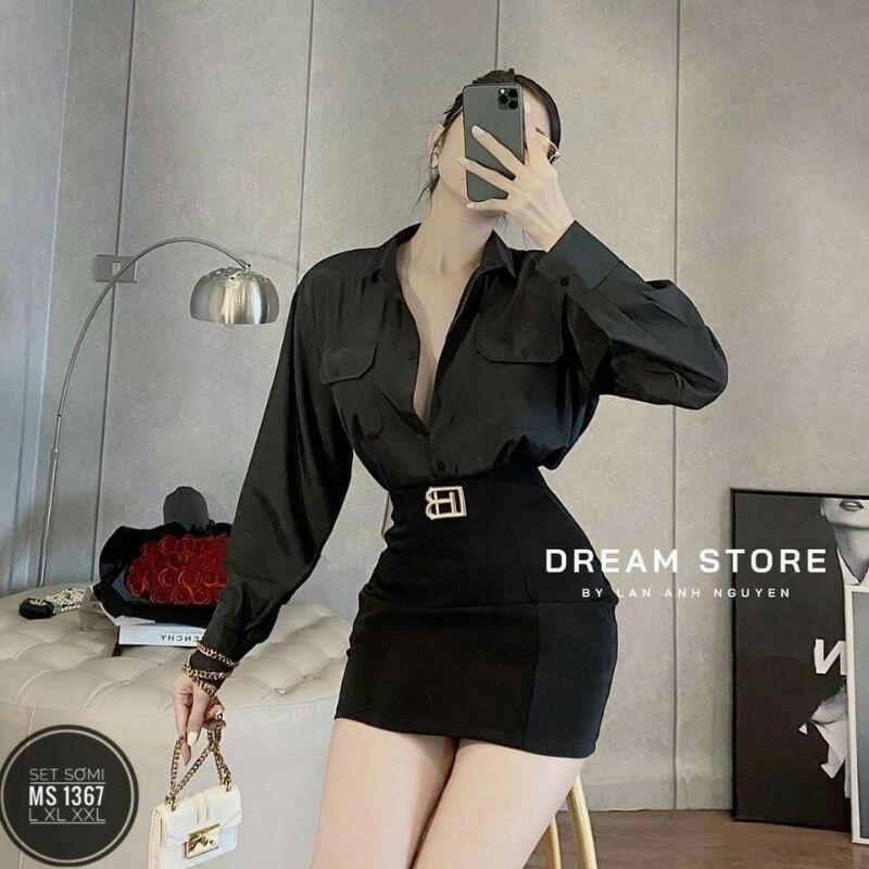 SET BỘ ĐỒ ĐI TIỆC BIG SIZE ÁO SƠ MI CÁ TÍNH KÈM CHÂN VÁY BODY SANG CHẢNH MÀU XANH/ ĐEN