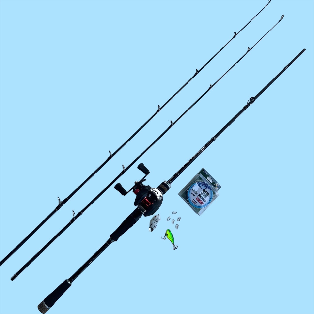 Bộ Cần Câu Lure Máy Ngang - Cần Hunting Black 2 Ngọn + Máy Ngang + Phụ Kiện