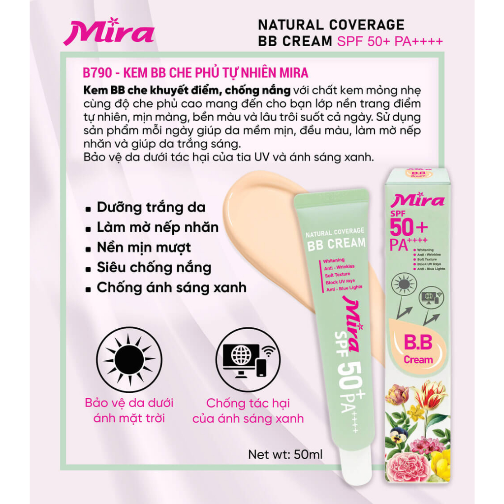 Kem BB che phủ tự nhiên Mira Natural Coverage Cream SPF50+PA++++ Hàn Quốc 50ml