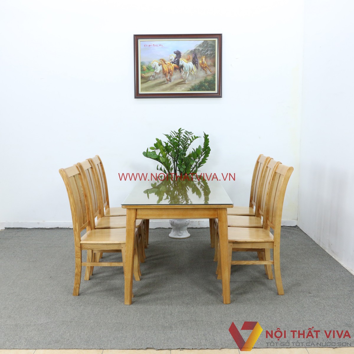 Bộ Bàn Ăn Gỗ Sồi Nga 6 Ghế Lưng Cong Mặt Kính Hiện Đại Đẹp Giá Tốt
