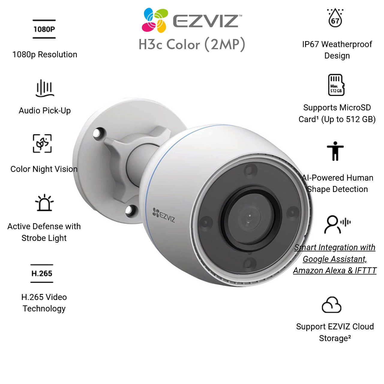 Camera IP Wifi EZVIZ H3C 2MP Có Màu Ban Đêm, Chống Nước IP67, Đèn Cảnh Báo - Hàng Chính Hãng