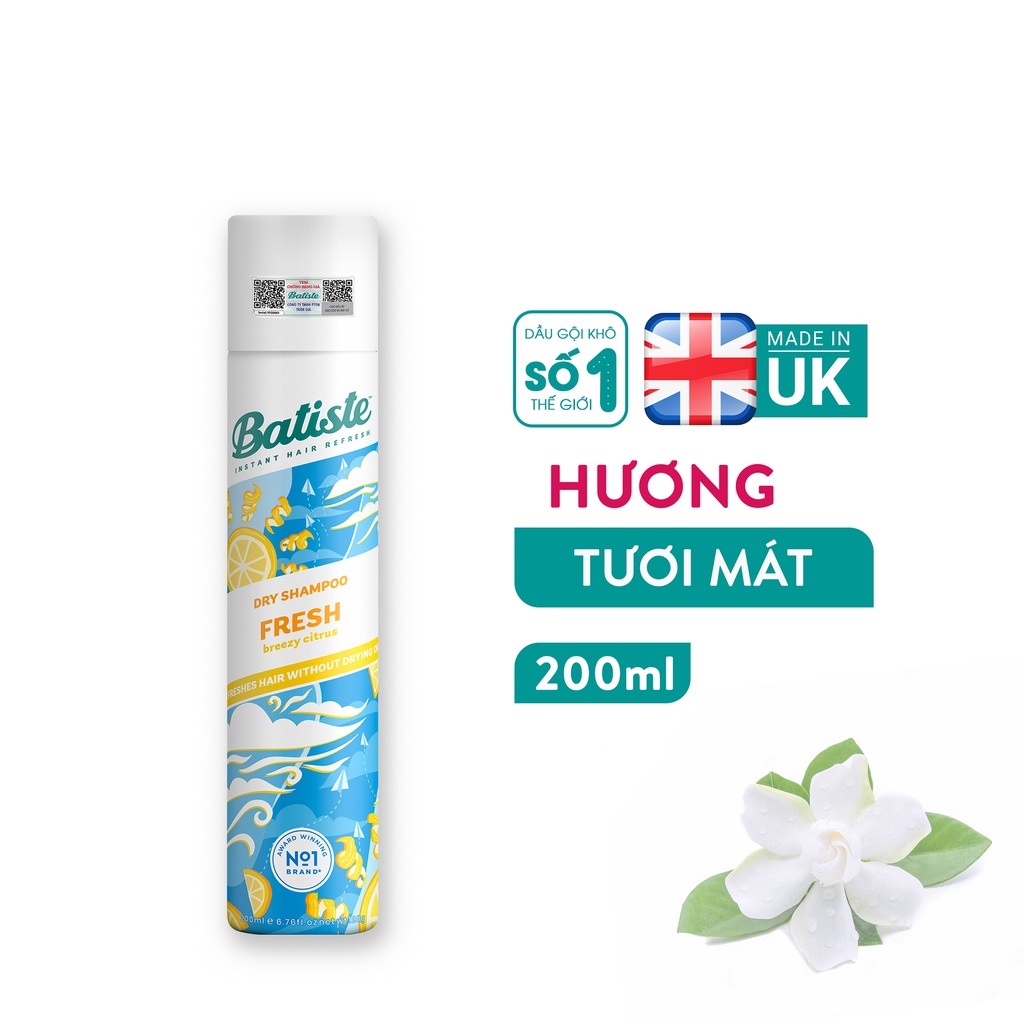 Dầu Gội Khô Batiste Tươi Mát Tức Thì - Batiste Dry Shampoo Light &amp; Breezy Fresh 200ml