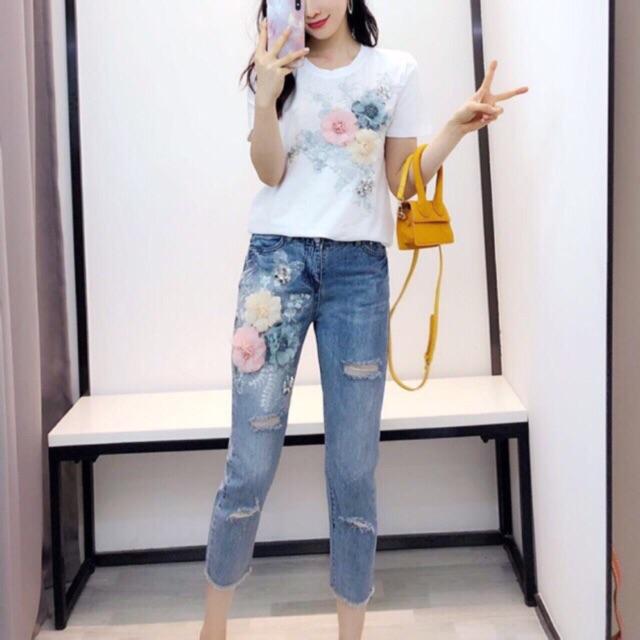 Bộ quần bò hoa nổi - Co giãn