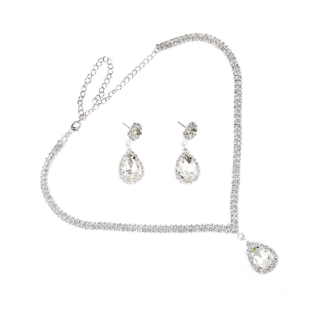 Wedding Prom Bridal Crystal Diamante Tear Drop Necklace Earrings Jewelry Set