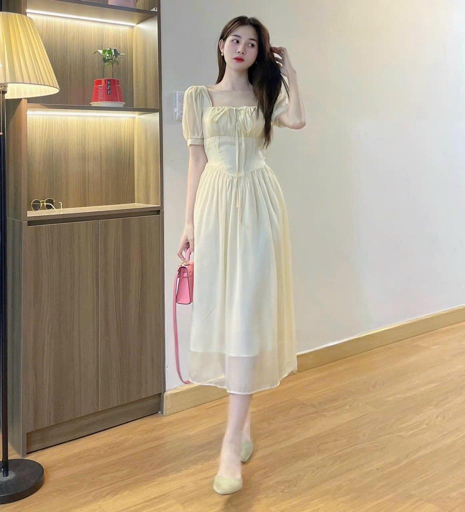 Đầm midi cổ vuông tay phồng cột dây