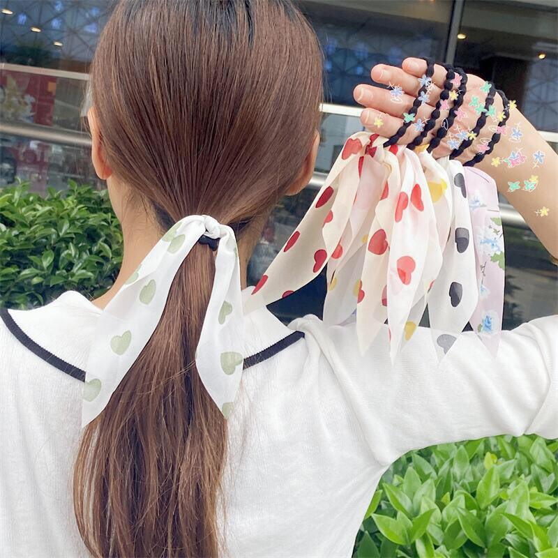 Cột tóc voan phối tim nơ thắt nút dây rũ vừa mềm mại tiểu thư Tatitava