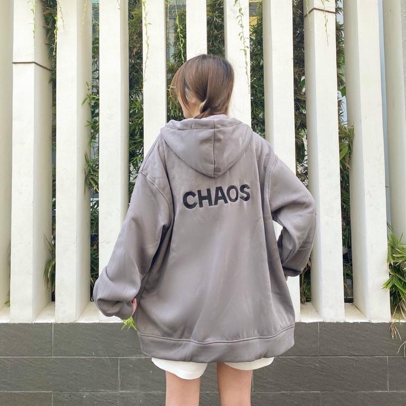 Áo Khoác Hoodie zip nỉ bông CHAOS màu XAMH/KEM/XÁM  Nam nữ unisex/ Áo Hoodie dây kéo form rộng Jaystoree