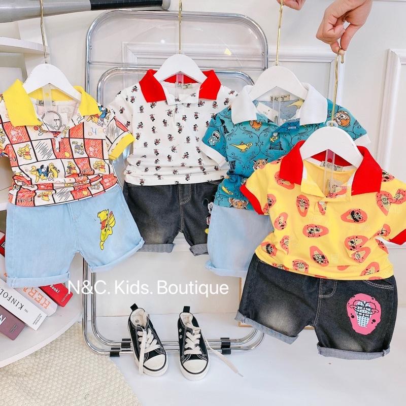 Set áo polo in tràn + quần jean in cho bé 10-20kg