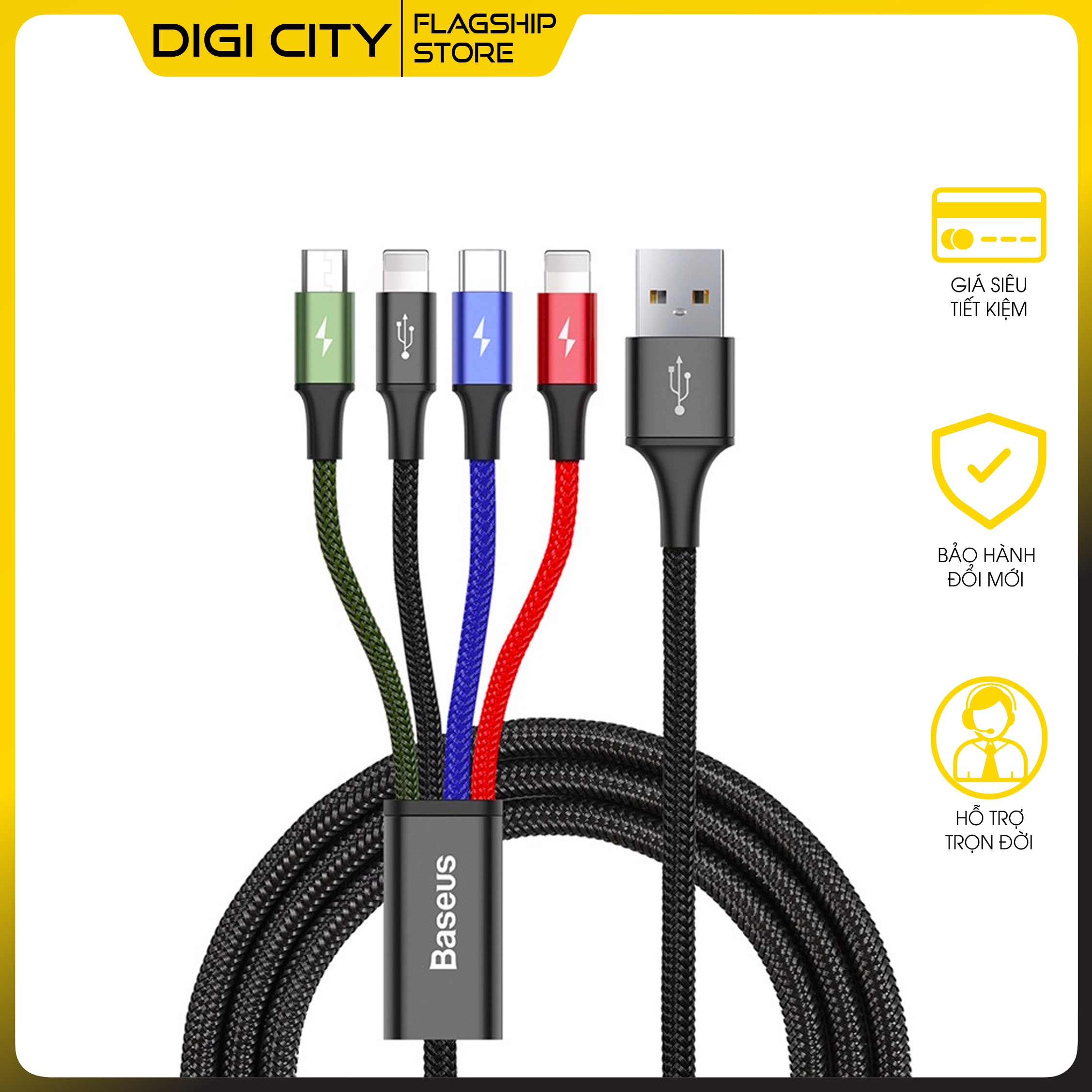 Dây cáp sạc đa năng Baseus Rapid 4 in 1 ( 2 Type-C, Micro USB, 1 Lighning) cho iPhone/ iPad, Smartphone &amp; Tablet Android (3.5A, 1.2M, Fast charge 4 in 1 Cable) - Hàng Nhập khẩu