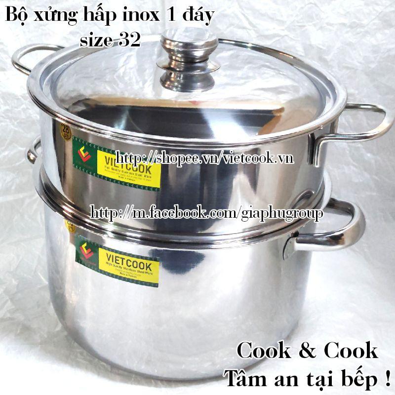 Bộ xửng hấp inox size 32 đáy từ, Chõ hấp, đồ xôi inox 6 đến 8 kg gạo