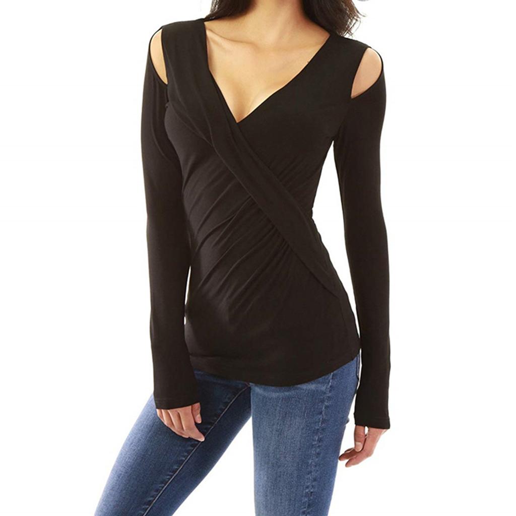 Ladies Sexy Deep V Neck Long Sleeves Wrap Top Stretchy Blouse Cold Shoulder