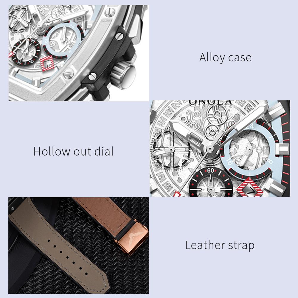 Đồng hồ Quartz dành cho nam với dây đeo bằng da có màn hình phát sáng thiết kế rỗng 3ATM
