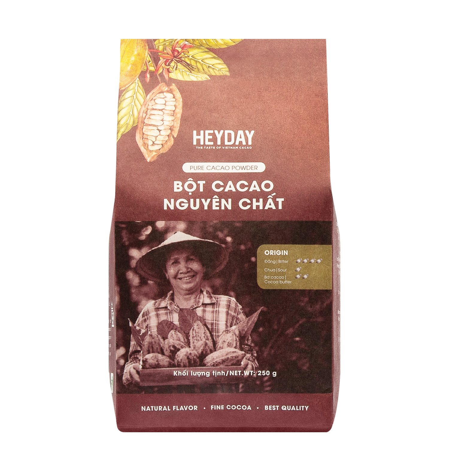 Heyday Bột Cacao Nguyên Chất Không Đường Việt Nam - Dòng Origin - Chứng Nhận UTZ - Hỗ Trợ Giảm Cân - Túi Giấy 250g