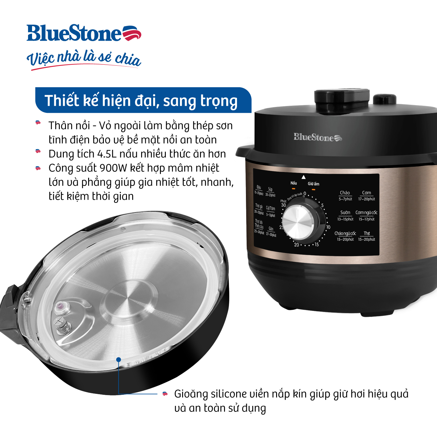Nồi Áp Suất Điện Bluestone PCB-5648, 900W-5.0Lit, 13 Chế Độ Tự Động, Hàng Chính Hãng