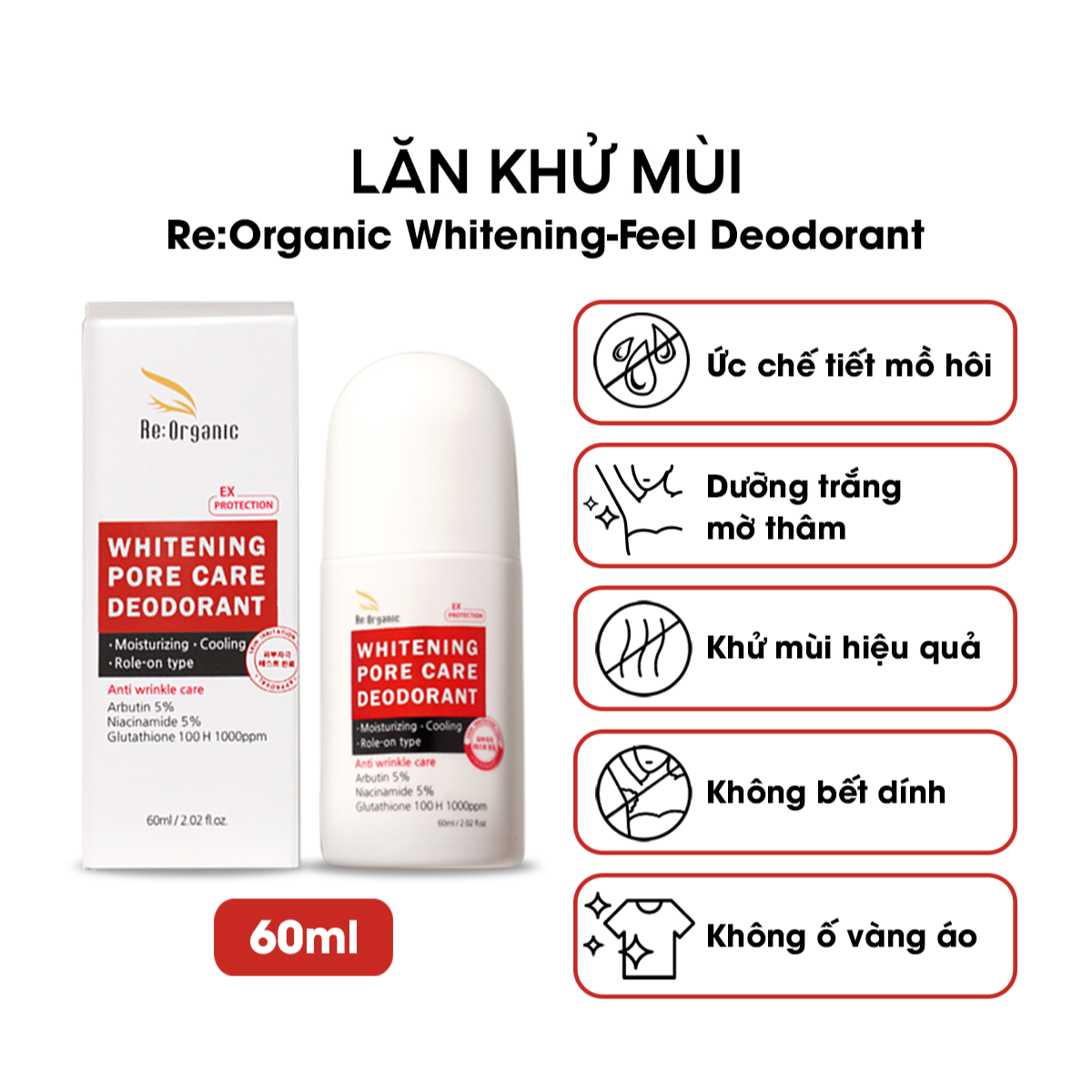 Lăn khử mùi hôi nách Re:Organic Whitening-Feel Deodorant Hàn Quốc 60ml, ức chế tiết mồ hôi dưỡng trắng mờ thâm không gây ố vàng nách áo