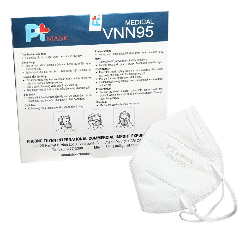 Hộp 10 Cái Khẩu Trang VNN95, Có Bông, kháng Khuẩn, Chống Bụi Siêu Mịn PM2.5, Màu Trắng - Đạt Các Chứng Chỉ ISO 13485, ISO 9001, CE, FDA, TGA.