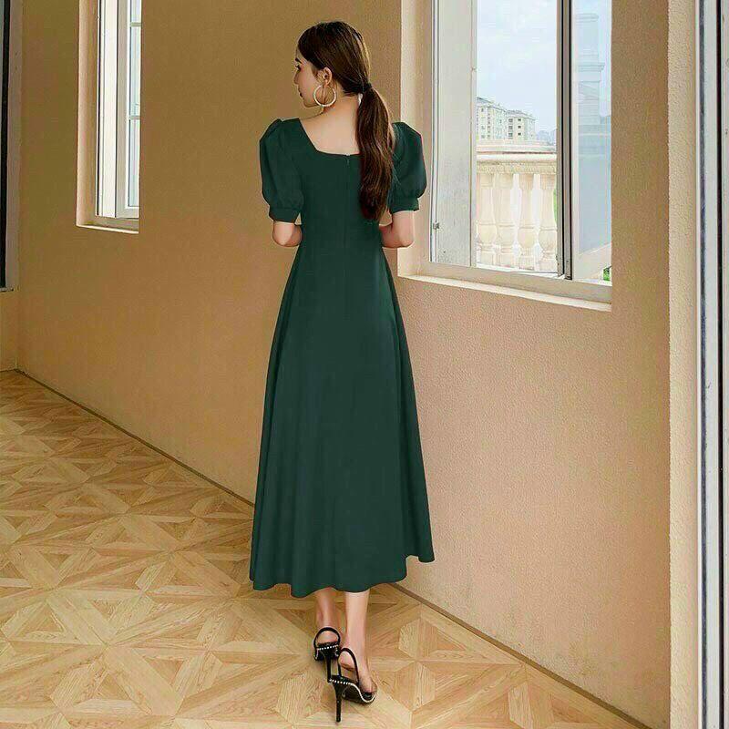 Đầm Maxi Xanh Cổ Vuông Tay Phồng