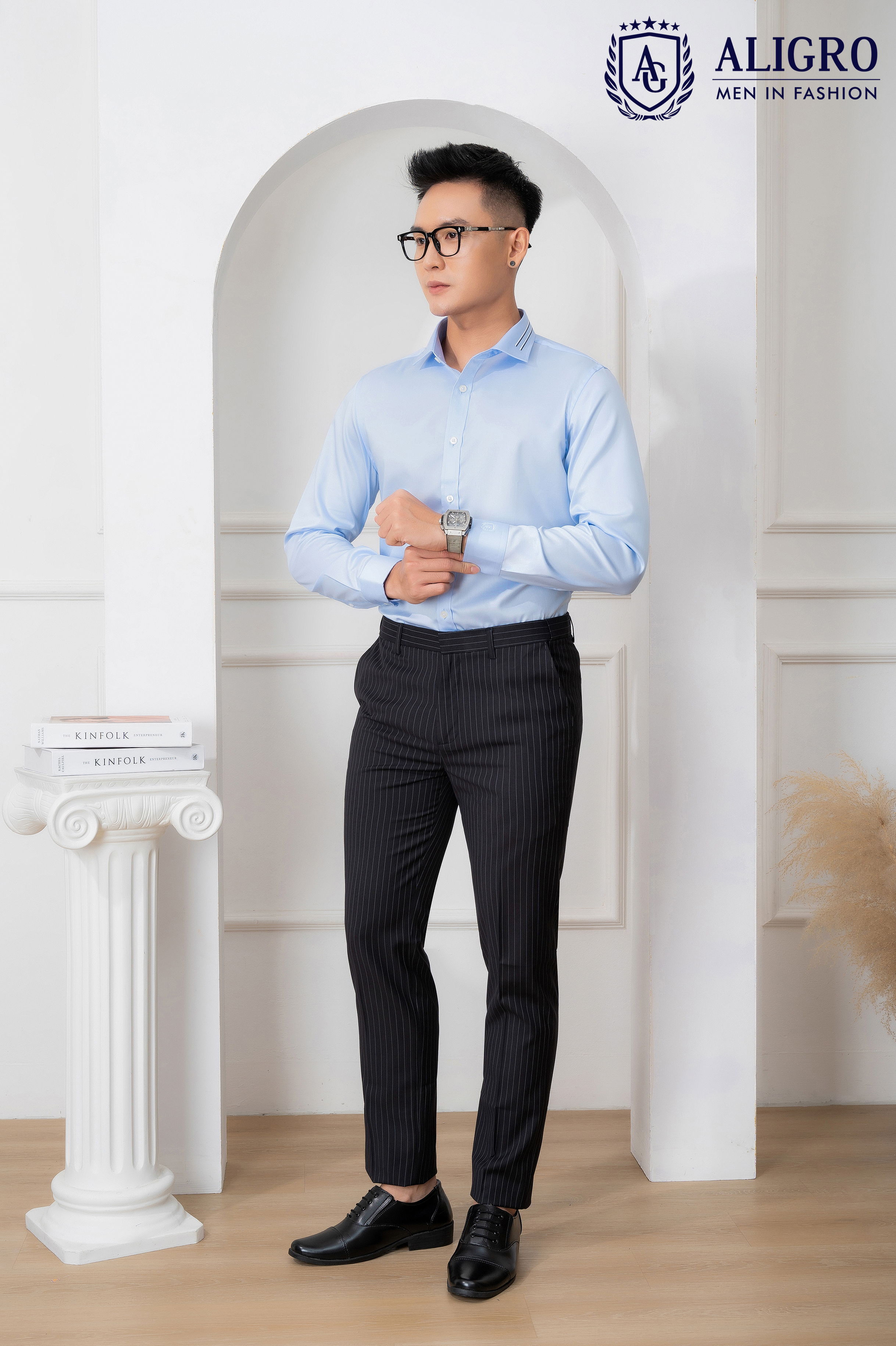 Áo sơ mi nam dài tay ALIGRO chất liệu 100% cotton , cổ bẻ dáng ôm chống nhăn Blue ALGS212