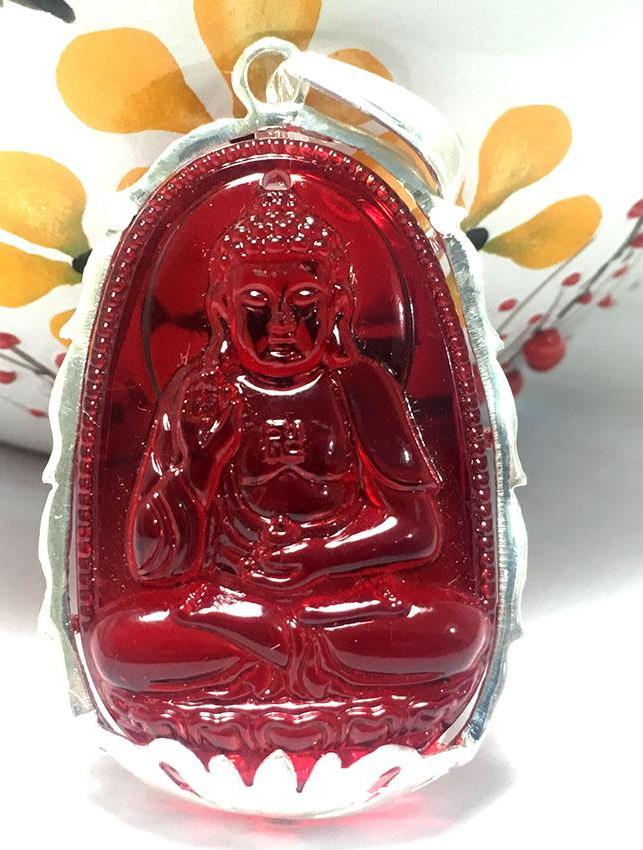 Mặt dây nam bản mệnh ngài ADIDA màu đỏ bọc đài sen bạc ta cao cấp cho người tuổi Tuất - Tuổi Hợi Bạc QTJ - MBM20