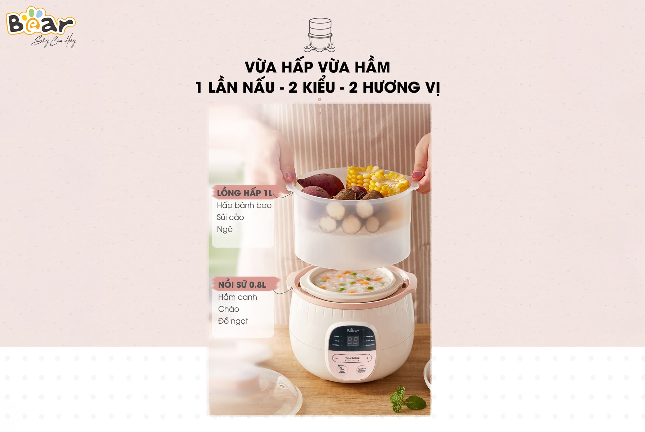 Nồi Ninh, Hấp, Nấu Cháo, Nấu Đồ Ăn Dặm Cho Bé 4 Trong 1 BEAR SUBE001 Có Lồng Hấp Dung Tích 0.8 L Công Suất 200W - Hàng Chính Hãng