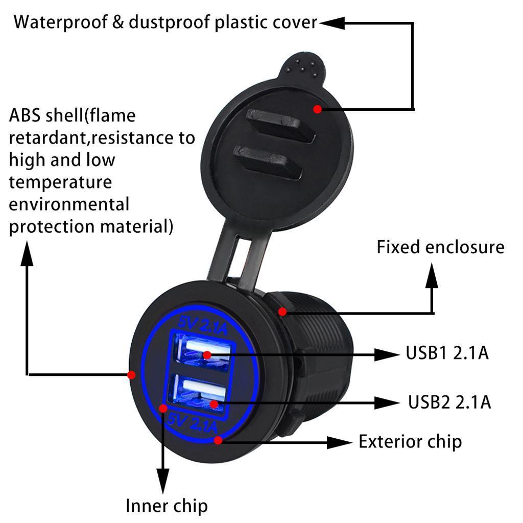 2 Pieces Blue+Red LED Car Motorcycle Dual USB Port Charger Power Outlet