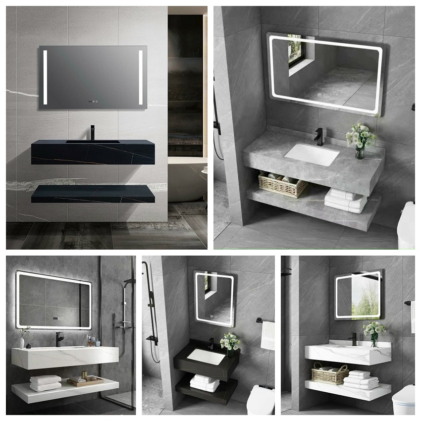 Bộ tủ bàn lavabo bằng đá chống trầy xước, màu đen, trắng, xám sang trọng, dài 80x50 kèm gương led