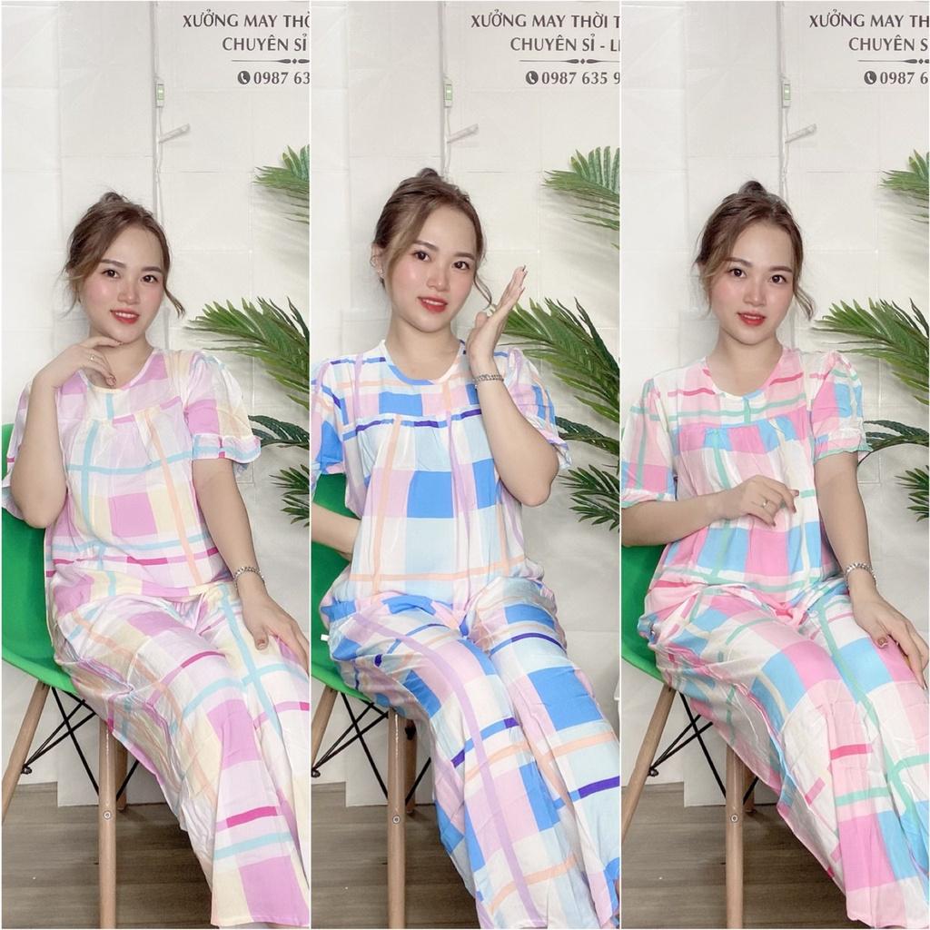Đồ bộ lanh (tole) mặc nhà nữ VNXK, quần dài 9 tấc áo tay lỡ , họa tiết caro - TLD62