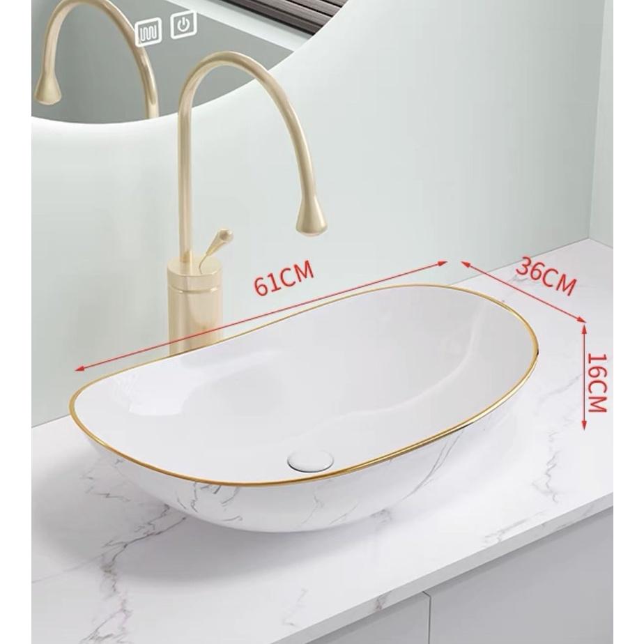 Lavabo thỏi trắng viền vàng có vân