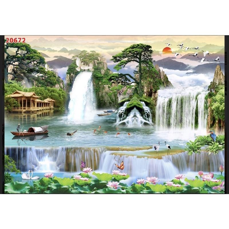 tranh phong cảnh thác nước dán tường 3d. tranh in vải lụa, chi tiết sản phẩm zalo 0981528893