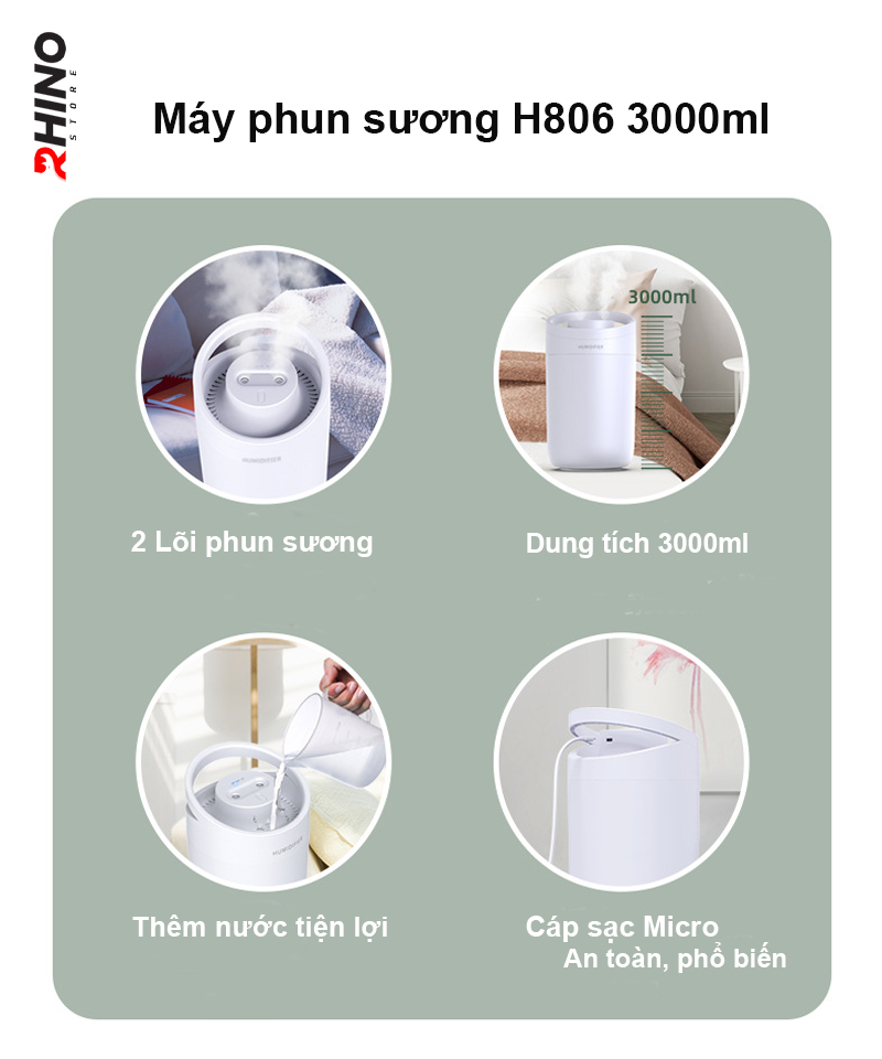 Máy phun sương tạo ẩm tinh dầu cỡ lớn Rhino H806 3000ml, 2 lõi phun, dung tích lớn cho không gian rộng - Hàng chính hãng