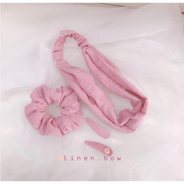 Băng đô Scrunchies Kẹp mái xô muslin hồng