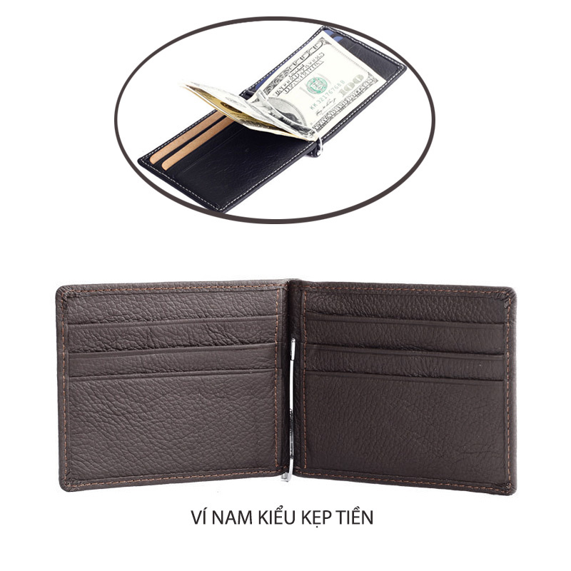 Ví kẹp tiền nam bằng da bò thật 100% có vị trí để thẻ card và tiền xu